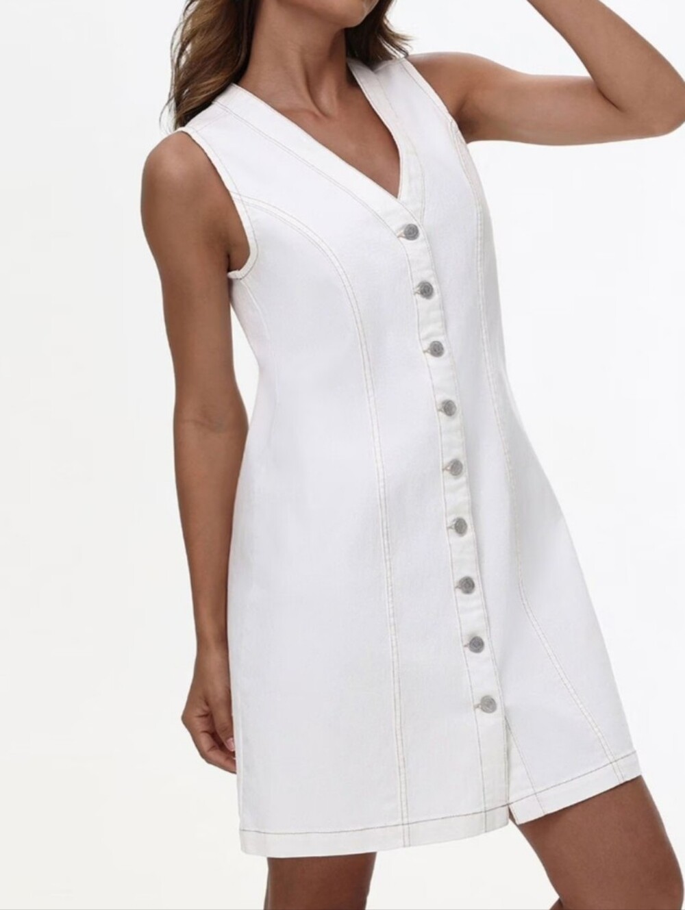 Frye White Button-Front V-Neck Sleeveless Denim Mini Dress Size Small